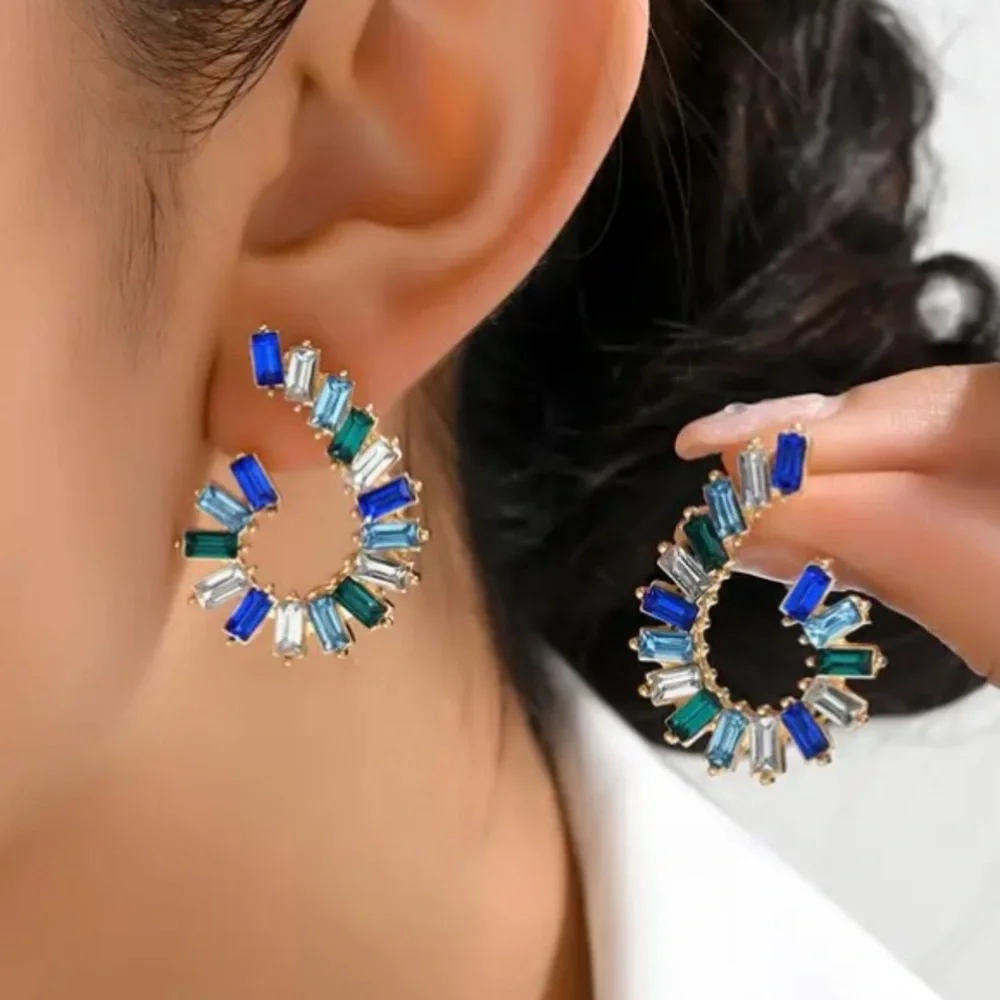 Swirl Blue Green Crystal Gold Toned Stud Earrings - Picture 3 of 4